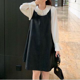 Collared Bell-sleeve Blouse / Faux Leather Mini A-line Pinafore Dress