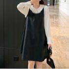 Collared Bell-sleeve Blouse / Faux Leather Mini A-line Pinafore Dress