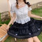 Puff-sleeve Lace Blouse / Ruffle Bow Detail Mini A-line Skirt