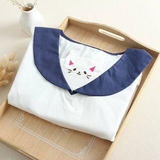 Cat Embroidered Short Sleeve Sailor Collar Blouse