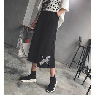 Crane Embroidered Capri Wide-leg Pants Black - One Size