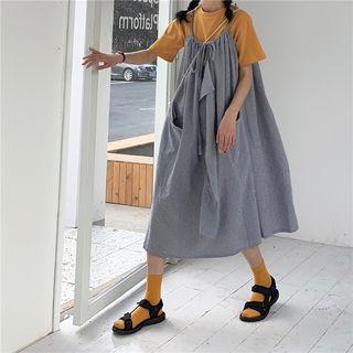 Plain Elbow-sleeve T-shirt / Spaghetti Strap Midi Dress