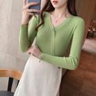 Long-sleeve Asymmetric Buttoned Ribbed Knit Top