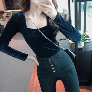 Plain Velvet Long-sleeve Slim-fit Top