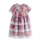 Short-sleeve Floral Lace Trim Mini Smock Dress