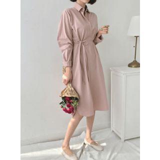 Slit-side Half-placket Shirtdress With Sash