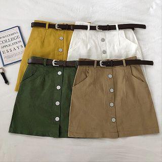 Plain Single-breasted High-waist Skirt With Belt