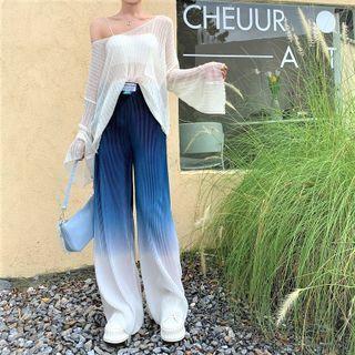 Sheer Ribbed Knit Sweater / Gradient Wide Leg Pants