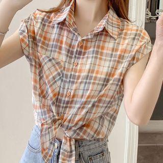 Short-sleeve Tie-front Plaid Shirt