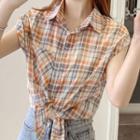Short-sleeve Tie-front Plaid Shirt