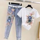 Short-sleeve Floral Embroidered T-shirt / Embellished Straight Leg Jeans / Set