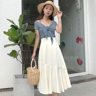 Bow Short-sleeve Top / Midi Skirt