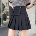Flap-detail Buttoned Pleated Miniskirt