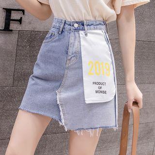Frayed Hem Paneled Letter A-line Mini Denim Skirt