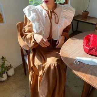 Long-sleeve Collared Midi A-line Dress Brown - One Size