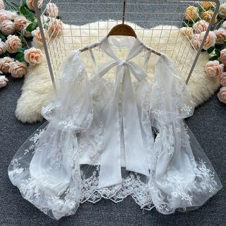 Bow Puff-sleeve Lace Embroidered Chiffon Top