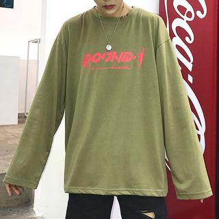 Long-sleeve Lettering T-shirt Army Green - One Size
