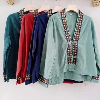 Embroidered Frog-button Blouse