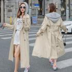 Double Breasted Contrast Hooded Trench Coat