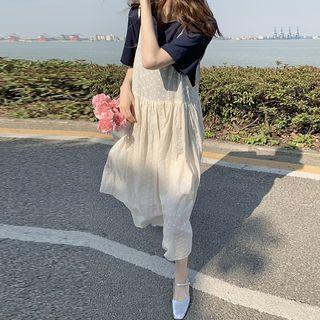 Short-sleeve Plain T-shirt / Dotted Midi Overall Dress