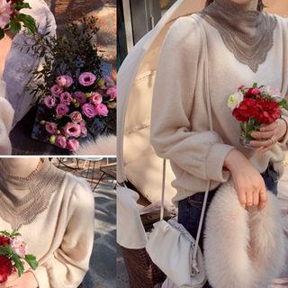 Lace-neck Puff-sleeve Top