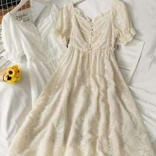Embroidered Ruffled-trim Ruched Midi Dress