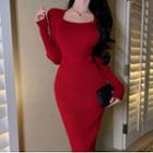 Plain Knit Midi Bodycon Dress Red - One Size