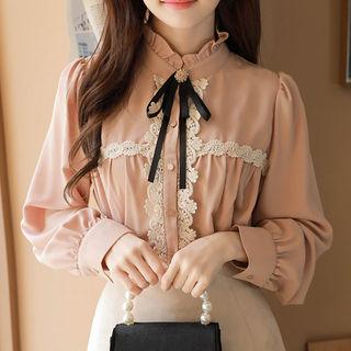 Frill-neck Lace-trim Blouse With Brooch