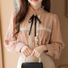Frill-neck Lace-trim Blouse With Brooch