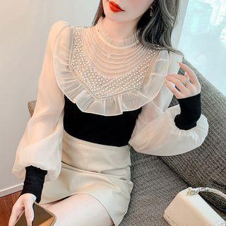 Long-sleeve Mock-neck Faux Pearl Blouse