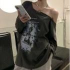 Long-sleeve Cold-shoulder Printed T-shirt