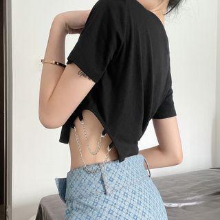 Short-sleeve Lettering Chain Detail Cropped T-shirt