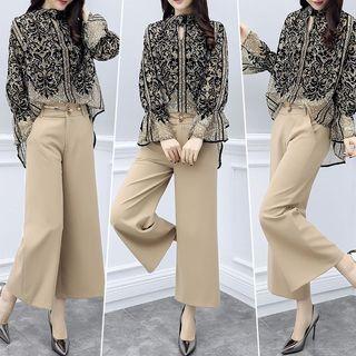 Set: Bell-sleeve Print Chiffon Blouse + Wide Leg Dress Pants