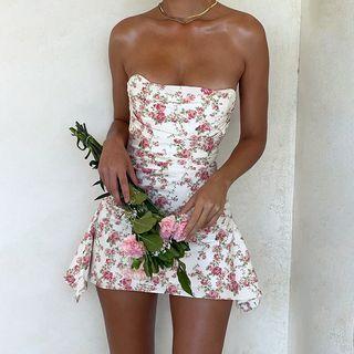 Strapless Floral Print Mini A-line Dress