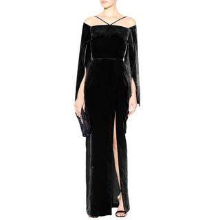 Slit-sleeve Cold Shoulder Velvet Evening Gown