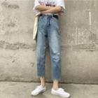 Asymmetric Frayed Hem Ripped Cropped Straight Fit Jeans