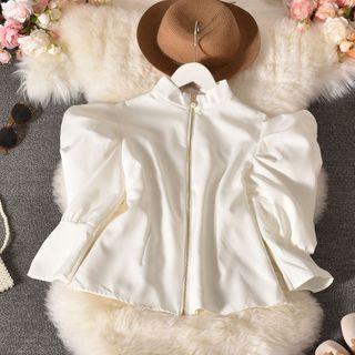 Puff-sleeve Mock-neck Zipped Blouse