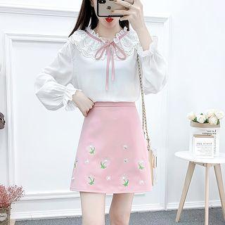 Set: Crochet Collar Bow Blouse + Floral Embroidered A-line Skirt