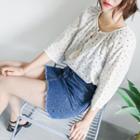 3/4-sleeve Lace-trim Tasseled Pattern Top