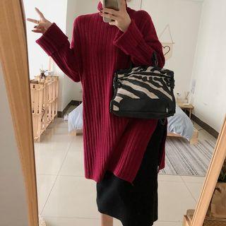 Side Slit Turtleneck Sweater / High Waist Midi Knit Skirt