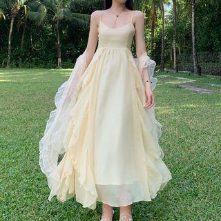 Spaghetti Strap Ruffled A-line Maxi Dress / Light Jacket