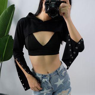 Long-sleeve Hooded Lace-up Cropped Top