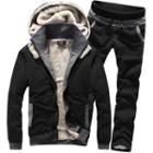 Set: Fleece-lined Mock Two-piece Hooded Jacket + Sweatpants