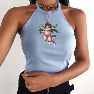 Halter-neck Angel Print Camisole Top
