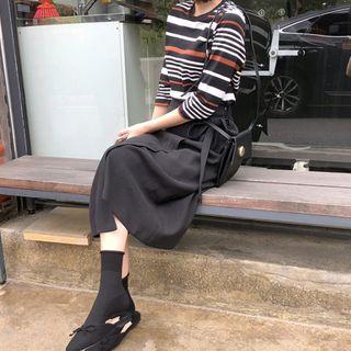 Tie-waist Wrap-front Midi Skirt Black - One Size