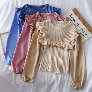 Chiffon-sleeved Ruffled Crop Knit Top