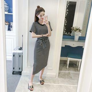 Lace Panel Striped Short Sleeve Midi Dress