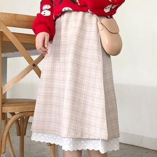 Lace Hem Plaid Midi A-line Skirt