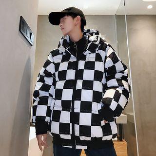 Couple Matching Checkerboard Zip Hooded Padded Jacket