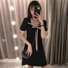 Short-sleeve Bow-neck Mini A-line Dress